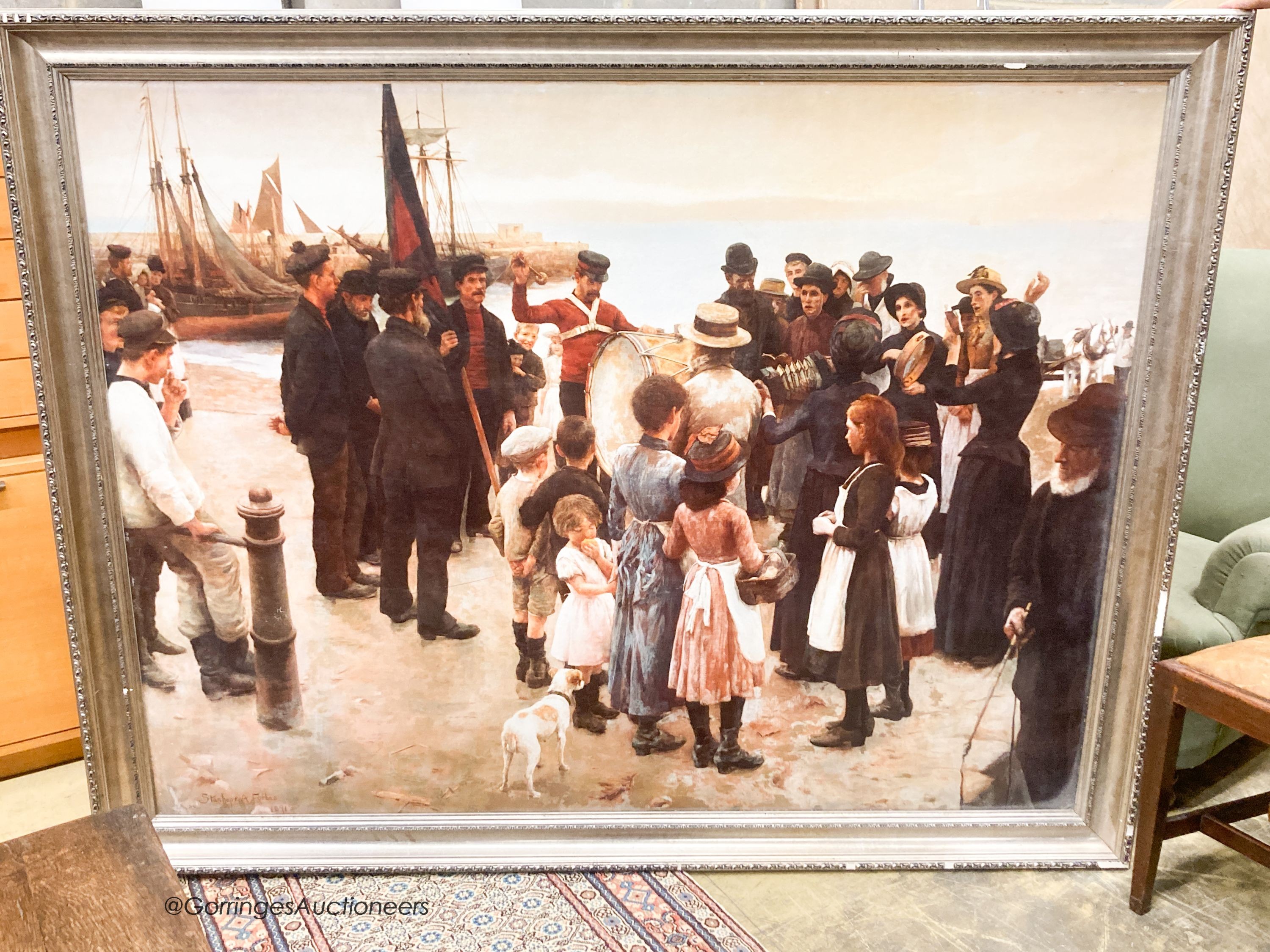 After Stanhope Alexander Forbes (1857-1947) - a large coloured print - “Quayside gathering’’, width excluding frame 157cm, height 120cm